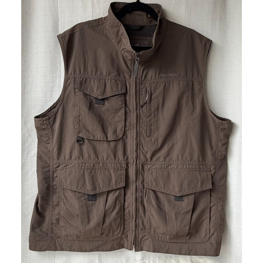 Eddie Bauer Travex Mens XL Utility Vest Brown Multi Pocket Fishing Hiking Travel